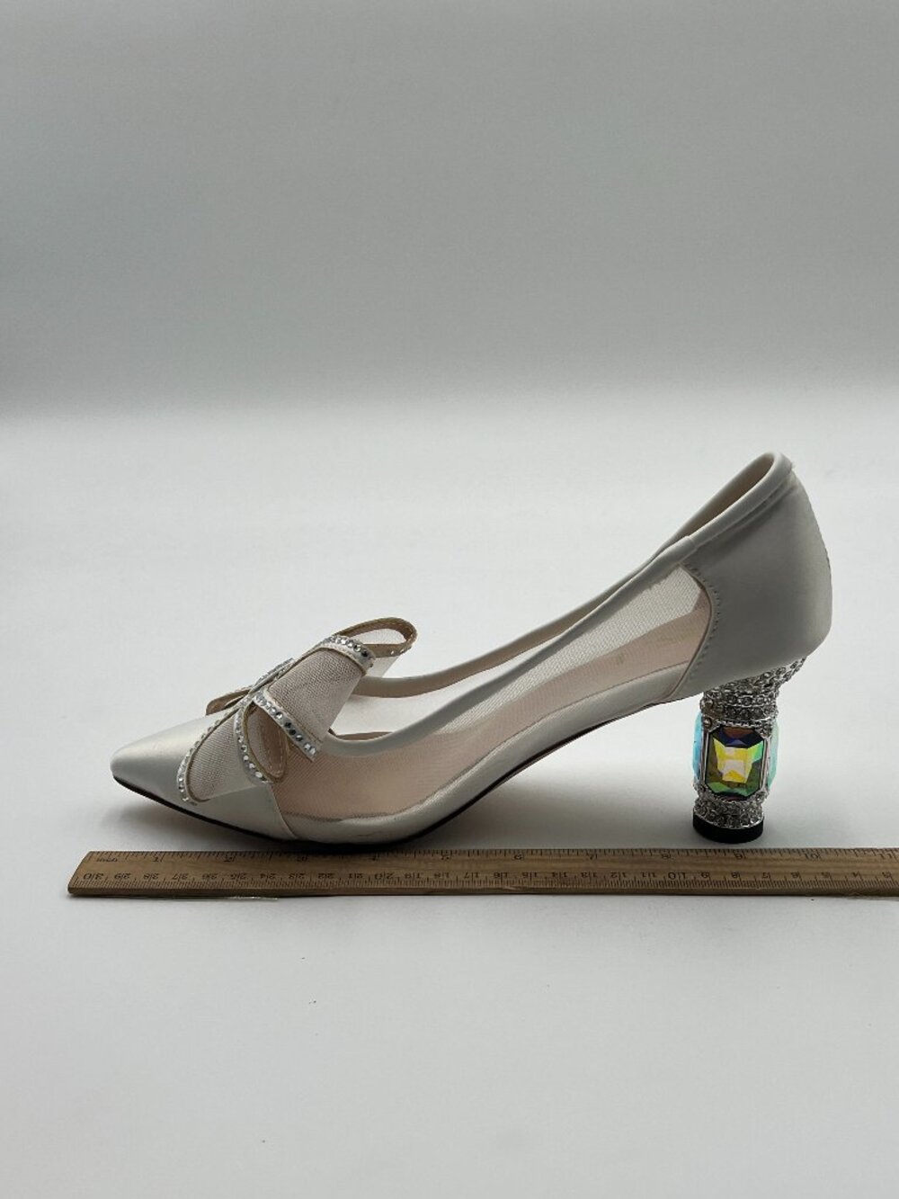 FSJ White Mesh Pointed Toe Crystal Pump Bow Block Heel Slip On Comfy Date Shoes